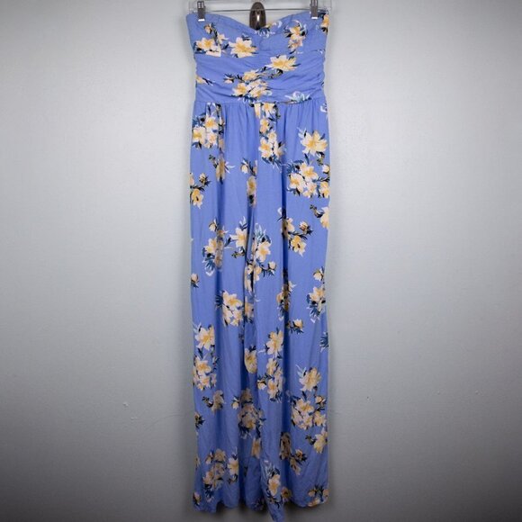 Band of Gypsies blue floral strapless jumpsuit-L - Picture 1 of 6